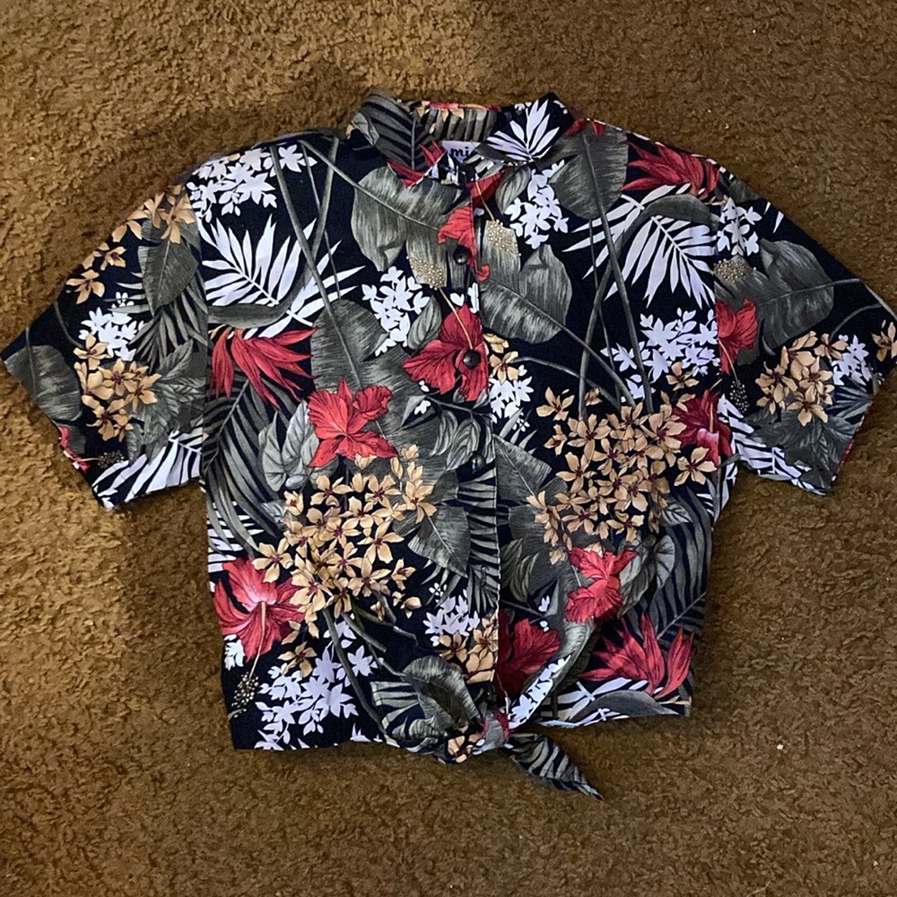 Bright tropical colored top with tie at waist